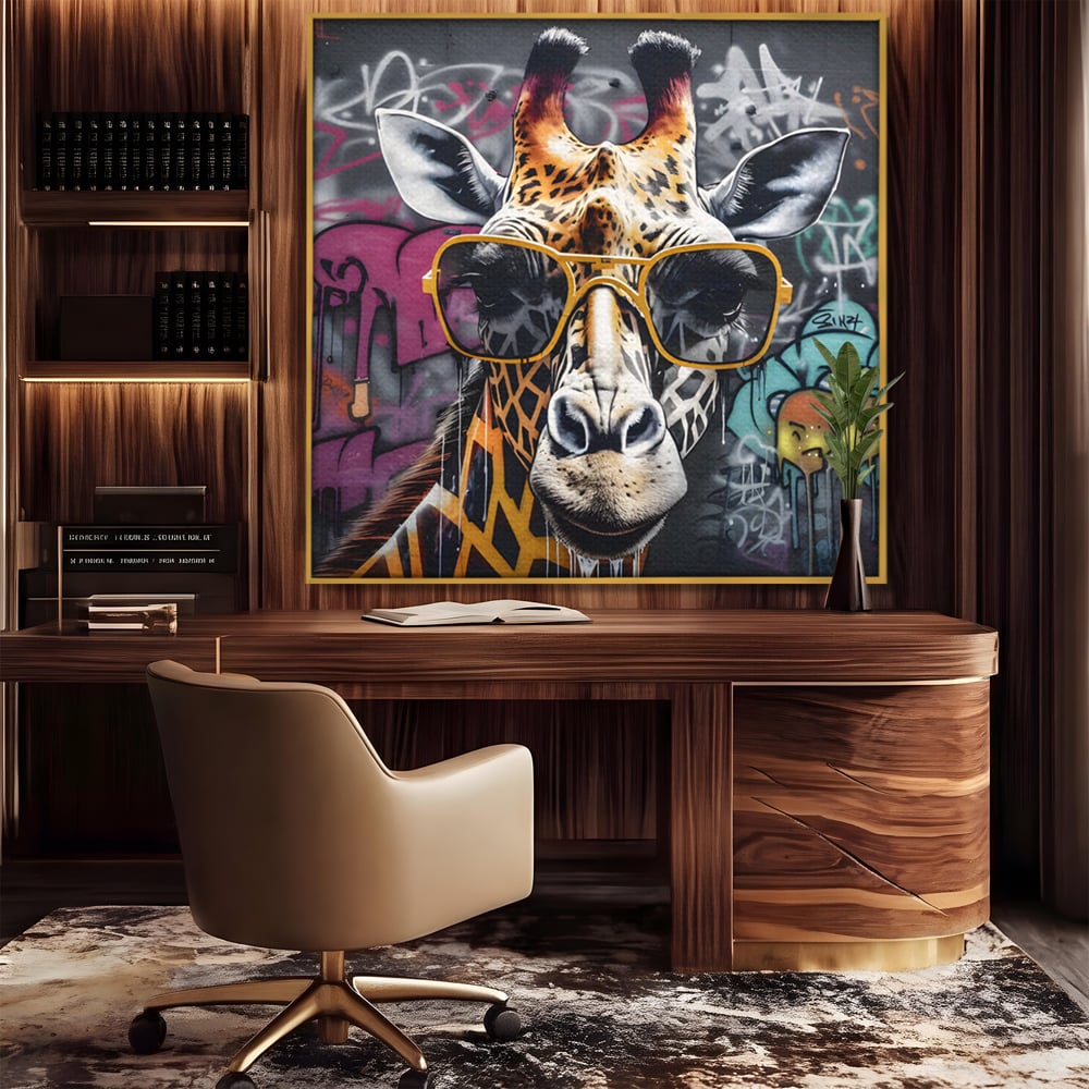 Tablou canvas cu tablou canvas cu girafa stilizata, in rama de aluminiu auriu, pe perete intr-un birou